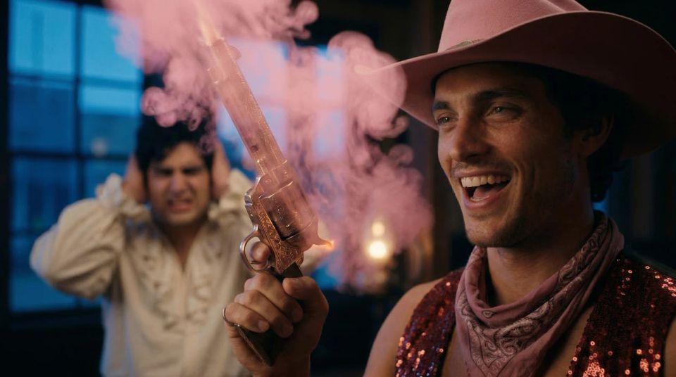 A flamboyant gunslinger in a smoky western saloon