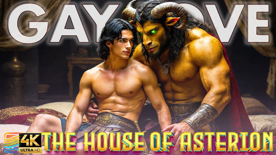 A young man beside Asterion, the horned figure of the labyrinth