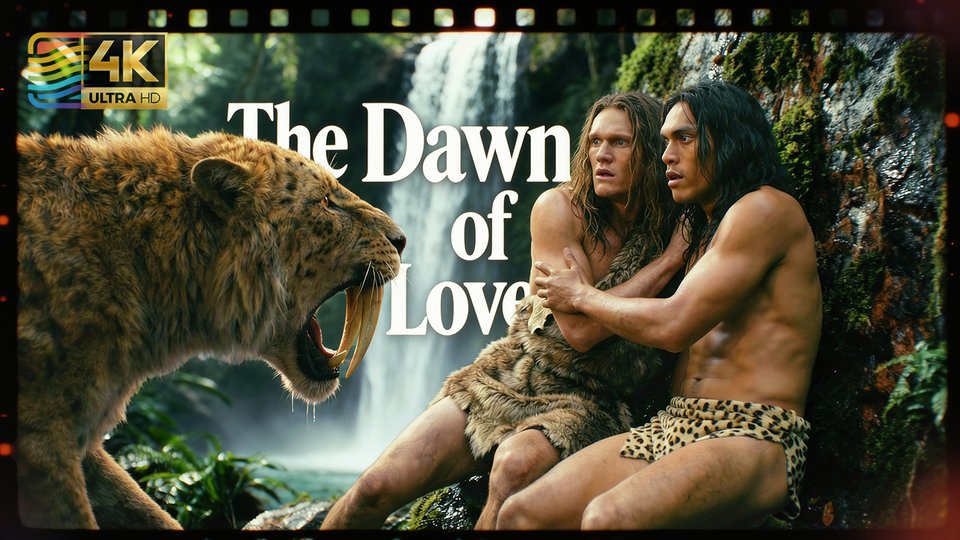 Two men shelter beside a waterfall as a sabre-toothed cat approaches