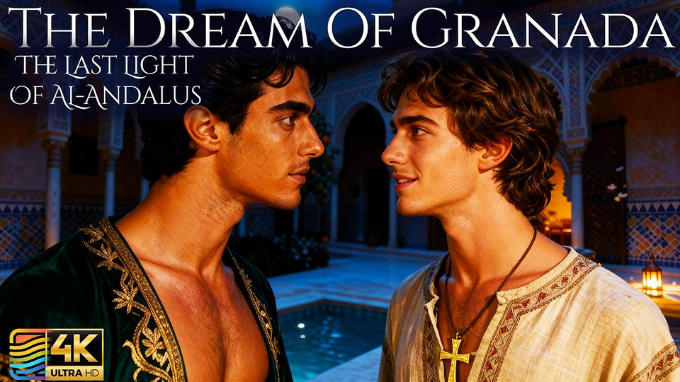 Yusuf and Diego exchange a glance in a moonlit palace courtyard