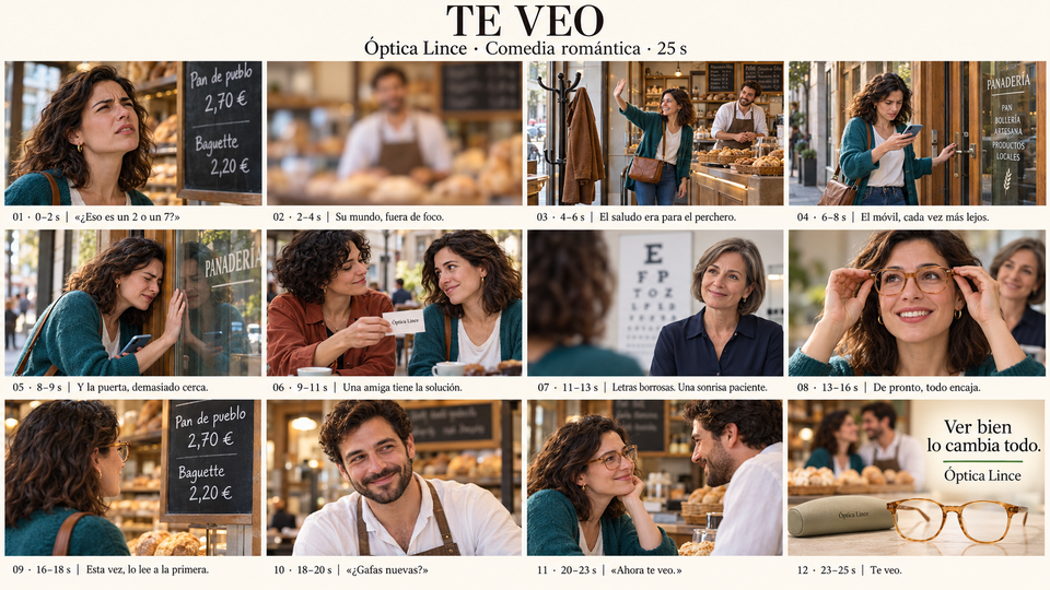Storyboard conceptual de Te veo, para Óptica Lince: doce planos de la historia