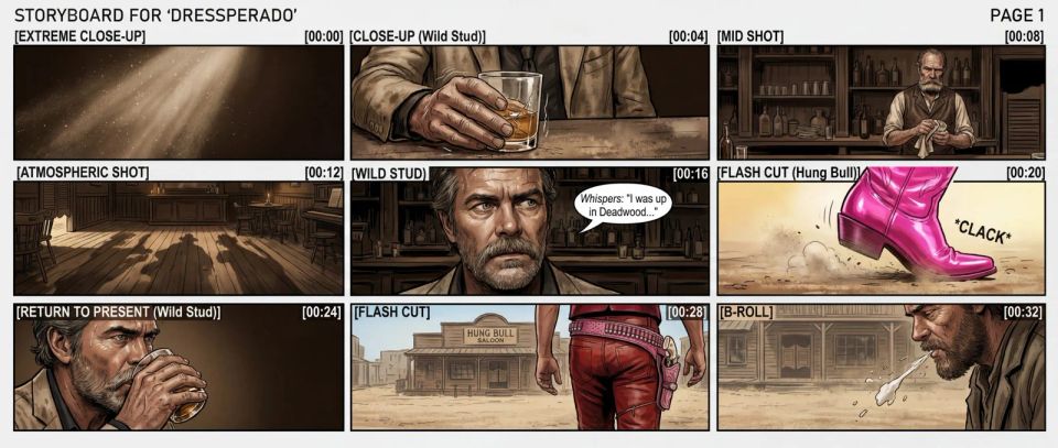DRESSPERADO storyboard showing shot composition and scene progression