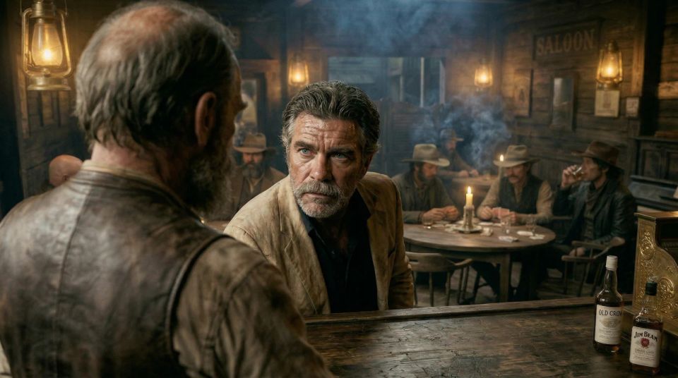A storyteller holds the attention of a western saloon in DRESSPERADO